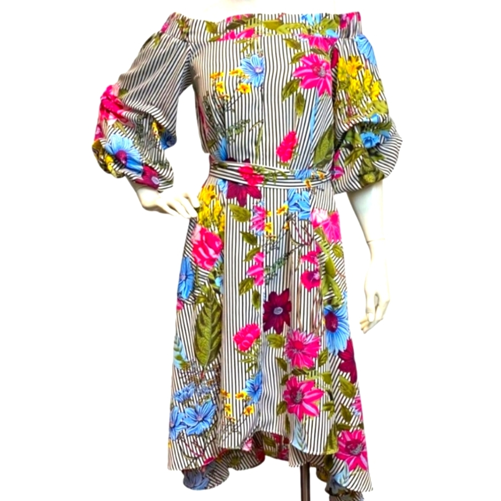 GRACIA Off-the-Shoulder Open Back Floral Midi Dress
